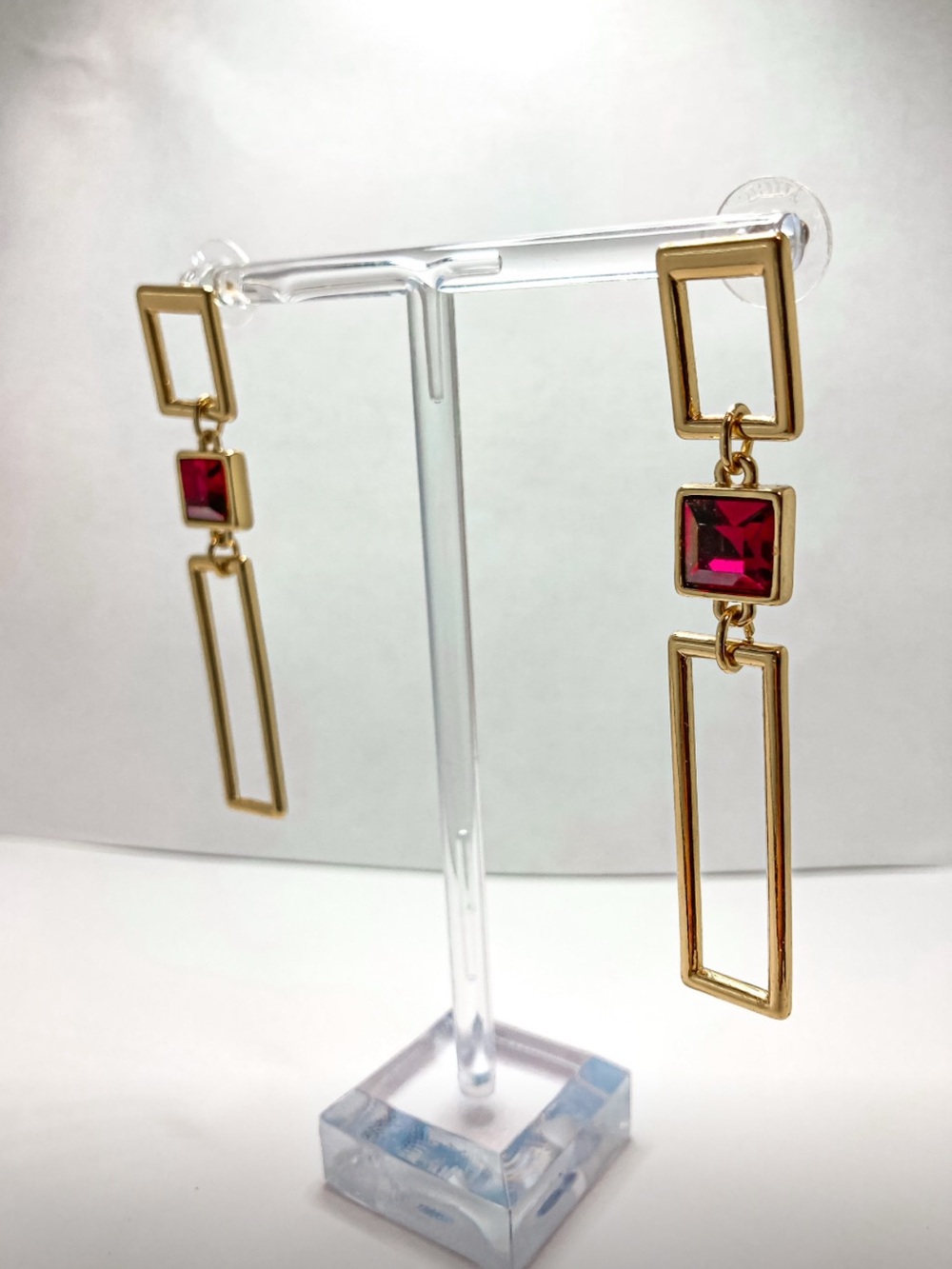 Gold Drop Earrings with Red Gemstone Accent